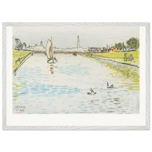 View of a Canal with a Sailing Ship (1907) by Jan Toorop. Archival Print on Museum Quality Matte Paper. Premium Wood Framed Wall Art. Original Aspect Ratio