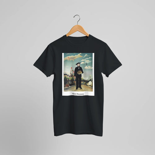 Myself: Portrait - Landscape (1890) by Henri Rousseau. Custom Print on a 100% Airlume Combed and Ring-Spun Cotton Unisex Crewneck T-shirt Optimised Aspect Ratio.