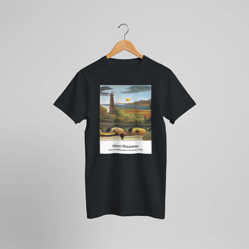 Seine and Eiffel-tower in the sunset (1910) by Henri Rousseau. Custom Print on a 100% Airlume Combed and Ring-Spun Cotton Unisex Crewneck T-shirt Optimised Aspect Ratio.