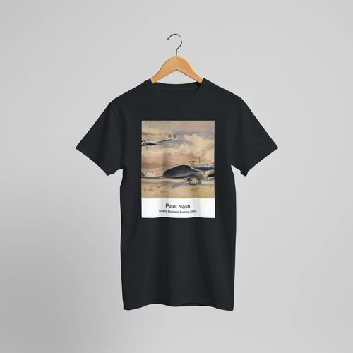 Landscape of the Moon's First Quarter (1943) by Paul Nash. Custom Print on a 100% Airlume Combed and Ring-Spun Cotton Unisex Crewneck T-shirt Optimised Aspect Ratio.