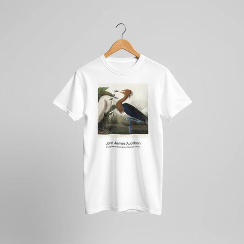 Purple Heron from Birds of America (1827) by John James Audubon. Custom Print on a 100% Airlume Combed and Ring-Spun Cotton Unisex Crewneck T-shirt Original Aspect Ratio