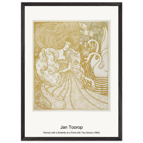 Woman with a Butterfly at a Pond with Two Swans (1894) by Jan Toorop. Archival Print on Museum Quality Matte Paper. Premium Wood Framed Wall Art. Original Aspect Ratio
