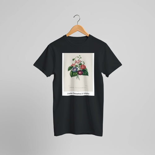 Morning-glory (Pharbitis hispida) (1892) by Charles Dessalines D' Orbigny. Custom Print on a 100% Airlume Combed and Ring-Spun Cotton Unisex Crewneck T-shirt Optimised Aspect Ratio.