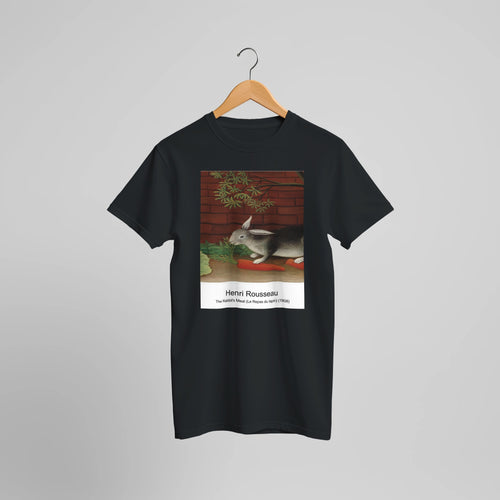 The Rabbit's Meal (Le Repas du lapin) (1908) by Henri Rousseau. Custom Print on a 100% Airlume Combed and Ring-Spun Cotton Unisex Crewneck T-shirt Optimised Aspect Ratio.