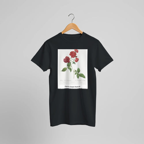 Red Cabbage Rose, also known as Bengal eyelet (Rosa indica caryophyllea) from Les Roses (1817-1824) by Pierre-Joseph Redouté. Custom Print on a 100% Airlume Combed and Ring-Spun Cotton Unisex Crewneck T-shirt Optimised Aspect Ratio.