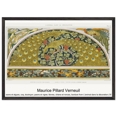 Poissons et algues, coq, écoinçon; paons et vigne; lièvres, chiens et ronces, bordure from L'animal dans la décoration (1897) by Maurice Pillard Verneuil. Archival Print on Museum Quality Matte Paper. Premium Wood Framed Wall Art. Optimised Aspect Ratio.