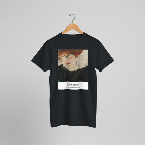 Portrait of Wally Neuzil (1912) by Egon Schiele. Custom Print on a 100% Airlume Combed and Ring-Spun Cotton Unisex Crewneck T-shirt Optimised Aspect Ratio.