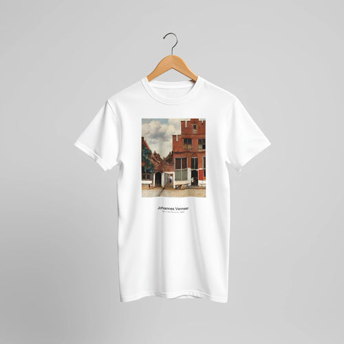 The Little Street (ca. 1658) by Johannes Vermeer. Custom Print on a 100% Airlume Combed and Ring-Spun Cotton Unisex Crewneck T-shirt Original Aspect Ratio