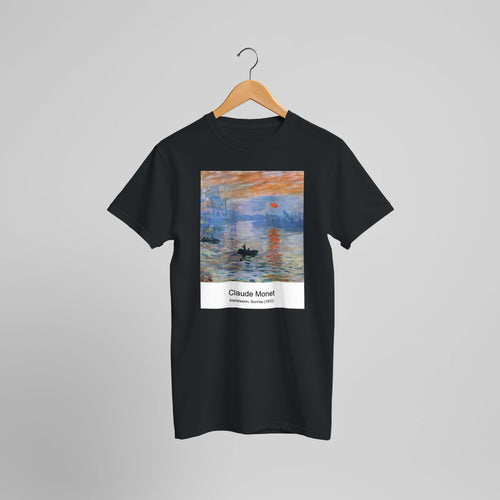 Impression, Sunrise (1872) by Claude Monet. Custom Print on a 100% Airlume Combed and Ring-Spun Cotton Unisex Crewneck T-shirt Optimised Aspect Ratio.