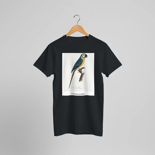 Blue-and-Yellow Macaw, Ara ararauna from Natural History of Parrots (1801 - 1805) by Francois Levaillant. Custom Print on a 100% Airlume Combed and Ring-Spun Cotton Unisex Crewneck T-shirt Optimised Aspect Ratio.