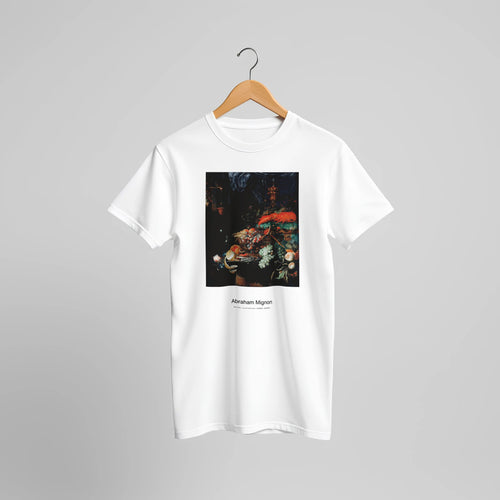 Fruits and lobster (1660-1679) by Abraham Mignon. Custom Print on a 100% Airlume Combed and Ring-Spun Cotton Unisex Crewneck T-shirt Original Aspect Ratio