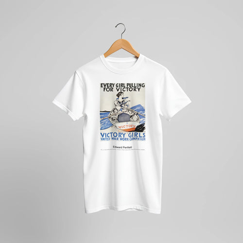 Every Girl Pulling for Victory, Victory Girls United War Work Campaign (1918) by Edward Penfield. Custom Print on a 100% Airlume Combed and Ring-Spun Cotton Unisex Crewneck T-shirt Original Aspect Ratio
