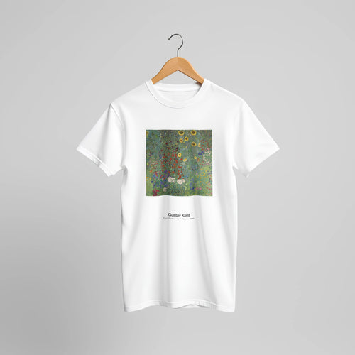 Farm Garden with Sunflowers (1907) by Gustav Klimt. Custom Print on a 100% Airlume Combed and Ring-Spun Cotton Unisex Crewneck T-shirt Original Aspect Ratio