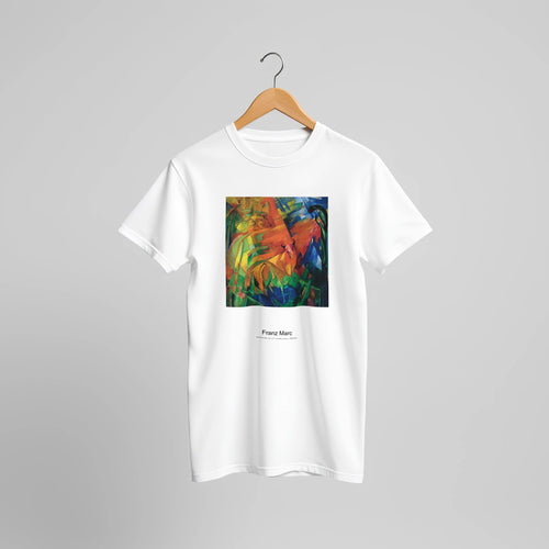 Animals in a Landscape (1914) by Franz Marc. Custom Print on a 100% Airlume Combed and Ring-Spun Cotton Unisex Crewneck T-shirt Original Aspect Ratio