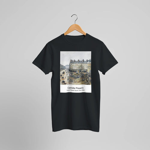 French Theater Square, Paris (1898) by Camille Pissarro. Custom Print on a 100% Airlume Combed and Ring-Spun Cotton Unisex Crewneck T-shirt Optimised Aspect Ratio.