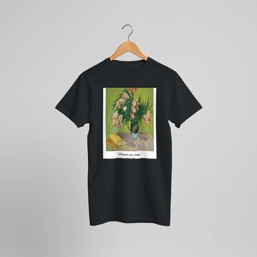 Vase with Poppies (1886) by Vincent van Gogh. Custom Print on a 100% Airlume Combed and Ring-Spun Cotton Unisex Crewneck T-shirt Optimised Aspect Ratio.