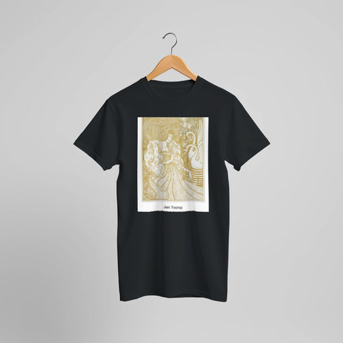 Woman with a Butterfly at a Pond with Two Swans (1894) by Jan Toorop. Custom Print on a 100% Airlume Combed and Ring-Spun Cotton Unisex Crewneck T-shirt Optimised Aspect Ratio.