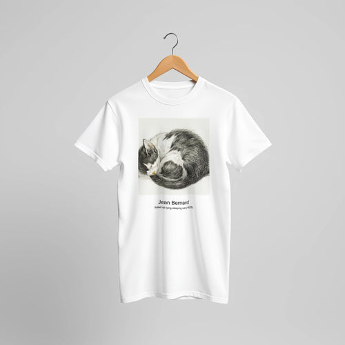Rolled up lying sleeping cat (1825) by Jean Bernard. Custom Print on a 100% Airlume Combed and Ring-Spun Cotton Unisex Crewneck T-shirt Original Aspect Ratio