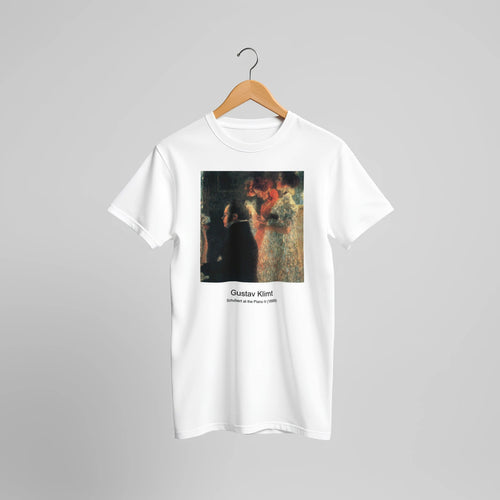 Schubert at the Piano II (1899) by Gustav Klimt. Custom Print on a 100% Airlume Combed and Ring-Spun Cotton Unisex Crewneck T-shirt Original Aspect Ratio