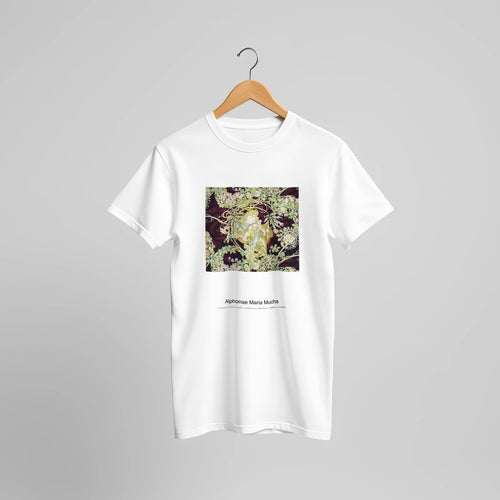 Femme à marguerite or Woman with Daisy (1898 or 1900) by Alphonse Maria Mucha. Custom Print on a 100% Airlume Combed and Ring-Spun Cotton Unisex Crewneck T-shirt Original Aspect Ratio
