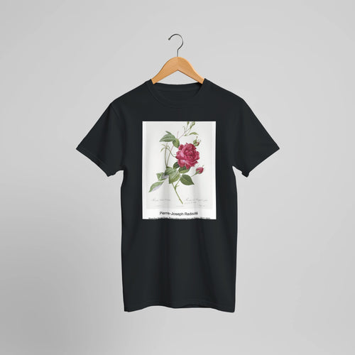Blood-Red Bengal Rose, Rosa indica cruneta from Les Roses (1817-1824) by Pierre-Joseph Redouté. Custom Print on a 100% Airlume Combed and Ring-Spun Cotton Unisex Crewneck T-shirt Optimised Aspect Ratio.