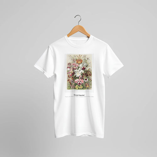 Orchideae-Denusblumen / A. Giltsch, gem from Kunstformen der Natur (1904) by Ernst Haeckel. Custom Print on a 100% Airlume Combed and Ring-Spun Cotton Unisex Crewneck T-shirt Original Aspect Ratio