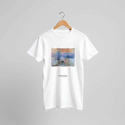 Impression, Sunrise (1872) by Claude Monet. Custom Print on a 100% Airlume Combed and Ring-Spun Cotton Unisex Crewneck T-shirt Original Aspect Ratio