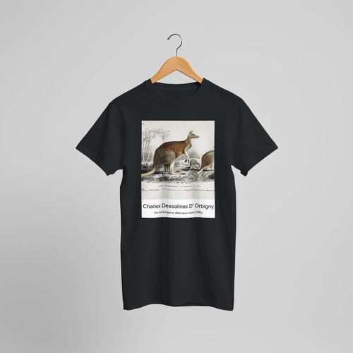 The red kangaroo (Macropus rufus) (1892) by Charles Dessalines D' Orbigny. Custom Print on a 100% Airlume Combed and Ring-Spun Cotton Unisex Crewneck T-shirt Optimised Aspect Ratio.