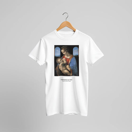The Annunciation (1472) by Leonardo da Vinci. Custom Print on a 100% Airlume Combed and Ring-Spun Cotton Unisex Crewneck T-shirt Original Aspect Ratio