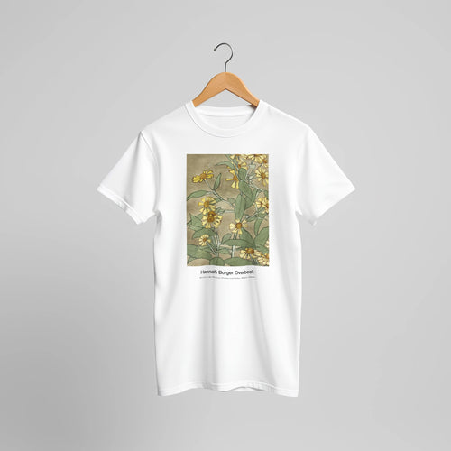 Daisies with Orange Center and Yellow Petals (1915) by Hannah Borger Overbeck. Custom Print on a 100% Airlume Combed and Ring-Spun Cotton Unisex Crewneck T-shirt Original Aspect Ratio