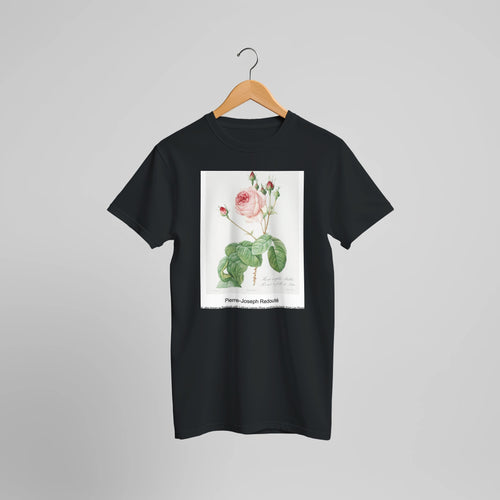 Cabbage Rose, also known as Rosebush with Lettuce Leaves (Rosa centifolia bullata) from Les Roses (1817-1824) by Pierre-Joseph Redouté. Custom Print on a 100% Airlume Combed and Ring-Spun Cotton Unisex Crewneck T-shirt Optimised Aspect Ratio.