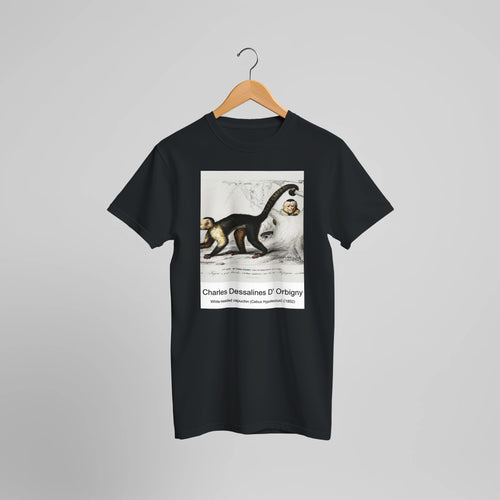 White-headed capuchin (Cebus Hypoleucus) (1892) by Charles Dessalines D' Orbigny. Custom Print on a 100% Airlume Combed and Ring-Spun Cotton Unisex Crewneck T-shirt Optimised Aspect Ratio.