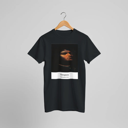 Self-portrait (1510) by Giorgione. Custom Print on a 100% Airlume Combed and Ring-Spun Cotton Unisex Crewneck T-shirt Optimised Aspect Ratio.
