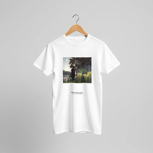 The Snake Charmer (1907) by Henri Rousseau. Custom Print on a 100% Airlume Combed and Ring-Spun Cotton Unisex Crewneck T-shirt Original Aspect Ratio