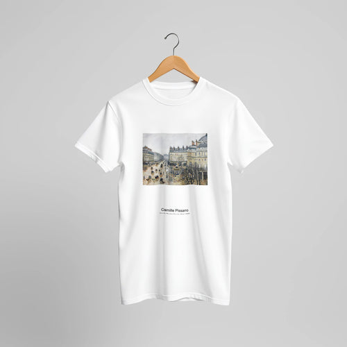 French Theater Square, Paris (1898) by Camille Pissarro. Custom Print on a 100% Airlume Combed and Ring-Spun Cotton Unisex Crewneck T-shirt Original Aspect Ratio