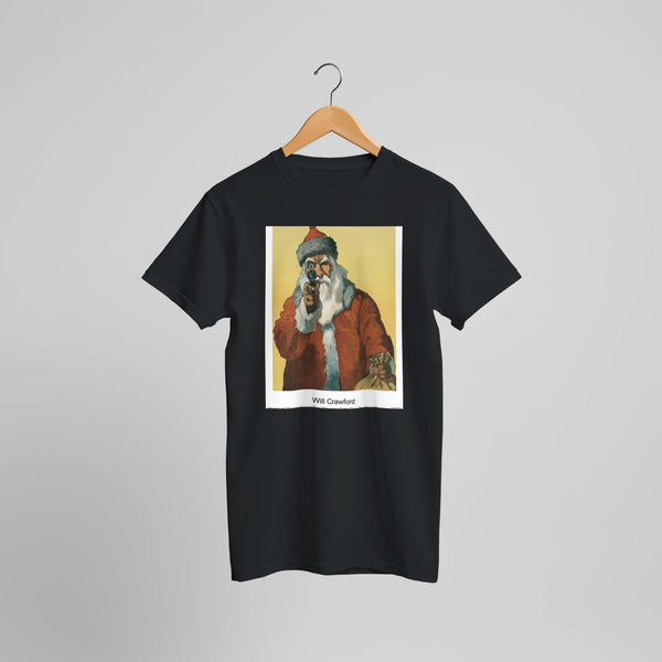 'Hands up! ' Photomechanical Print Showing a Santa Claus Pointing a Handgun (1912) by Will Crawford. Custom Print on a 100% Airlume Combed and Ring-Spun Cotton Unisex Crewneck T-shirt Optimised Aspect Ratio.