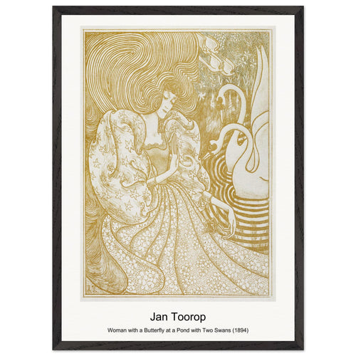 Woman with a Butterfly at a Pond with Two Swans (1894) by Jan Toorop. Archival Print on Museum Quality Matte Paper. Premium Wood Framed Wall Art. Optimised Aspect Ratio.