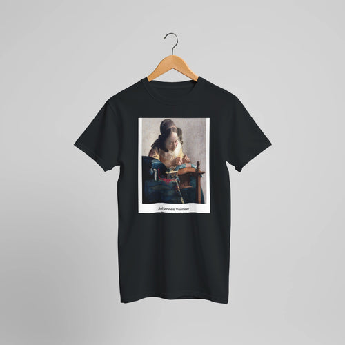 The Lacemaker (ca. 1669-1671) by Johannes Vermeer. Custom Print on a 100% Airlume Combed and Ring-Spun Cotton Unisex Crewneck T-shirt Optimised Aspect Ratio.