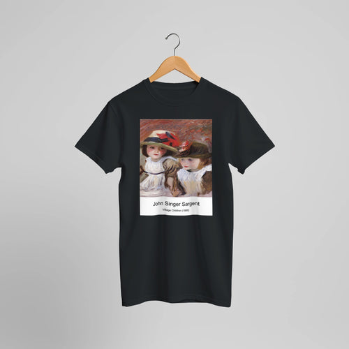 Village Children (1890) by John Singer Sargent. Custom Print on a 100% Airlume Combed and Ring-Spun Cotton Unisex Crewneck T-shirt Optimised Aspect Ratio.