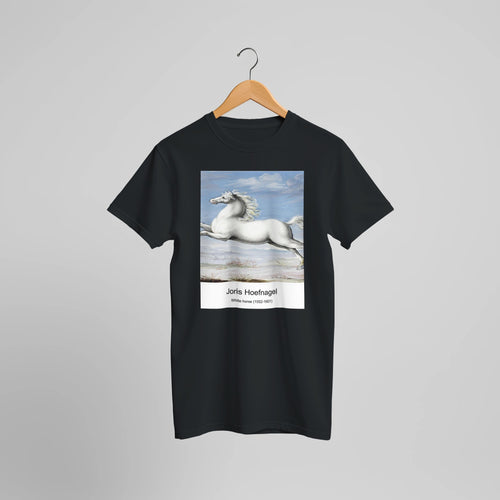 White horse (1552-1601) by Joris Hoefnagel. Custom Print on a 100% Airlume Combed and Ring-Spun Cotton Unisex Crewneck T-shirt Optimised Aspect Ratio.