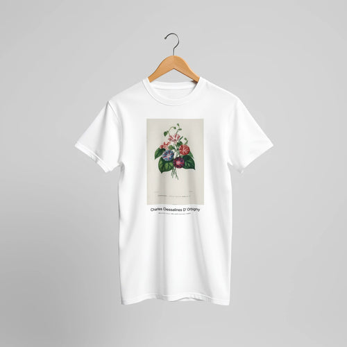 Morning-glory (Pharbitis hispida) (1892) by Charles Dessalines D' Orbigny. Custom Print on a 100% Airlume Combed and Ring-Spun Cotton Unisex Crewneck T-shirt Original Aspect Ratio