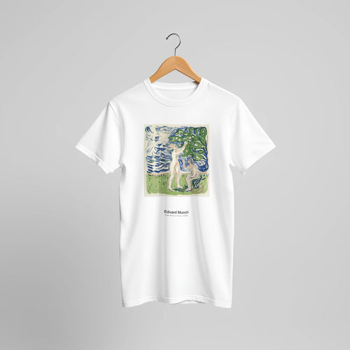Girls Picking Apples (1915) by Edvard Munch. Custom Print on a 100% Airlume Combed and Ring-Spun Cotton Unisex Crewneck T-shirt Original Aspect Ratio