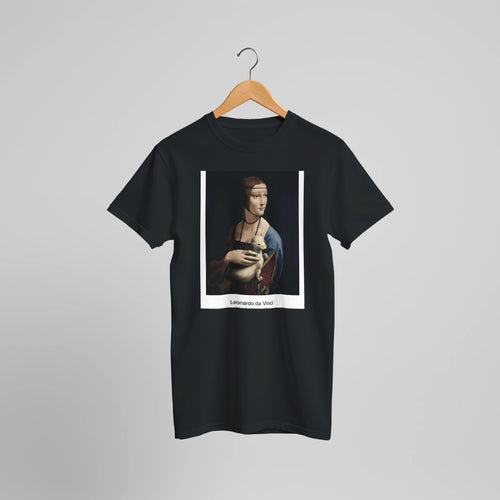 Lady with an Ermine (1490) by Leonardo da Vinci. Custom Print on a 100% Airlume Combed and Ring-Spun Cotton Unisex Crewneck T-shirt Optimised Aspect Ratio.
