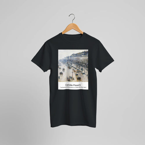 The Boulevard Montmartre on a Winter Morning (1897) by Camille Pissarro. Custom Print on a 100% Airlume Combed and Ring-Spun Cotton Unisex Crewneck T-shirt Optimised Aspect Ratio.