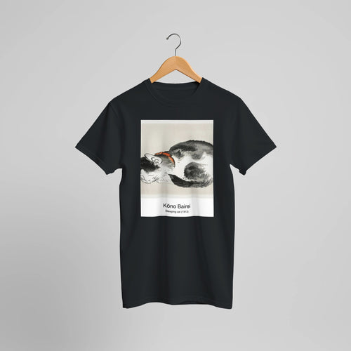 Sleeping cat (1913) by Kōno Bairei. Custom Print on a 100% Airlume Combed and Ring-Spun Cotton Unisex Crewneck T-shirt Optimised Aspect Ratio.