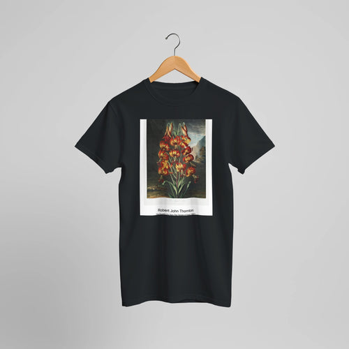 The Sacred Egyptian Bean from The Temple of Flora (1807) by Robert John Thornton. Custom Print on a 100% Airlume Combed and Ring-Spun Cotton Unisex Crewneck T-shirt Optimised Aspect Ratio.