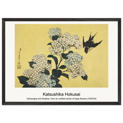 Hydrangea and Swallow, from an untitled series of large flowers (1833/34) by Katsushika Hokusai. Archival Print on Museum Quality Matte Paper. Premium Wood Framed Wall Art. Original Aspect Ratio