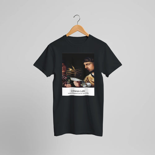 Giovanni Borgherini and His Tutor (1516) by Lorenzo Lotto. Custom Print on a 100% Airlume Combed and Ring-Spun Cotton Unisex Crewneck T-shirt Optimised Aspect Ratio.