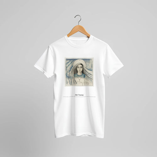 Detailed design of a woman's head for a poster for the International Eucharistic Congress held in Amsterdam from 22-27 July 1924 (1924) by Jan Toorop. Custom Print on a 100% Airlume Combed and Ring-Spun Cotton Unisex Crewneck T-shirt Original Aspect Ratio