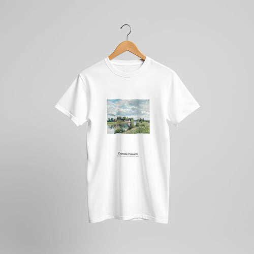 The River Oise near Pontoise (1873) by Camille Pissarro. Custom Print on a 100% Airlume Combed and Ring-Spun Cotton Unisex Crewneck T-shirt Original Aspect Ratio